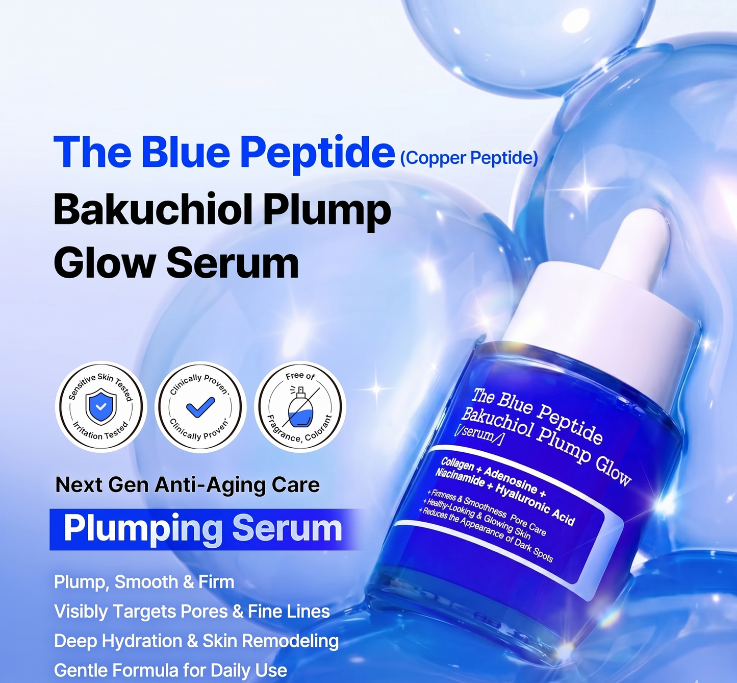 The Blue Peptide Bakuchiol Plump Glow Serum -  Reduce Wrinkles, Firm & Plump Skin Fast